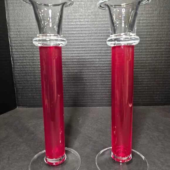 Set of 2 Elegant Crate and Barrel Ruby Red and Clear Tall Glass Candlestick Hold - Picture 1 of 8